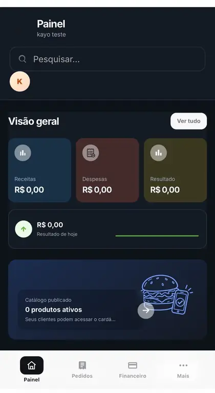 Dashboard do LancheGestor no celular