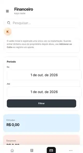 Tela financeira do LancheGestor no celular
